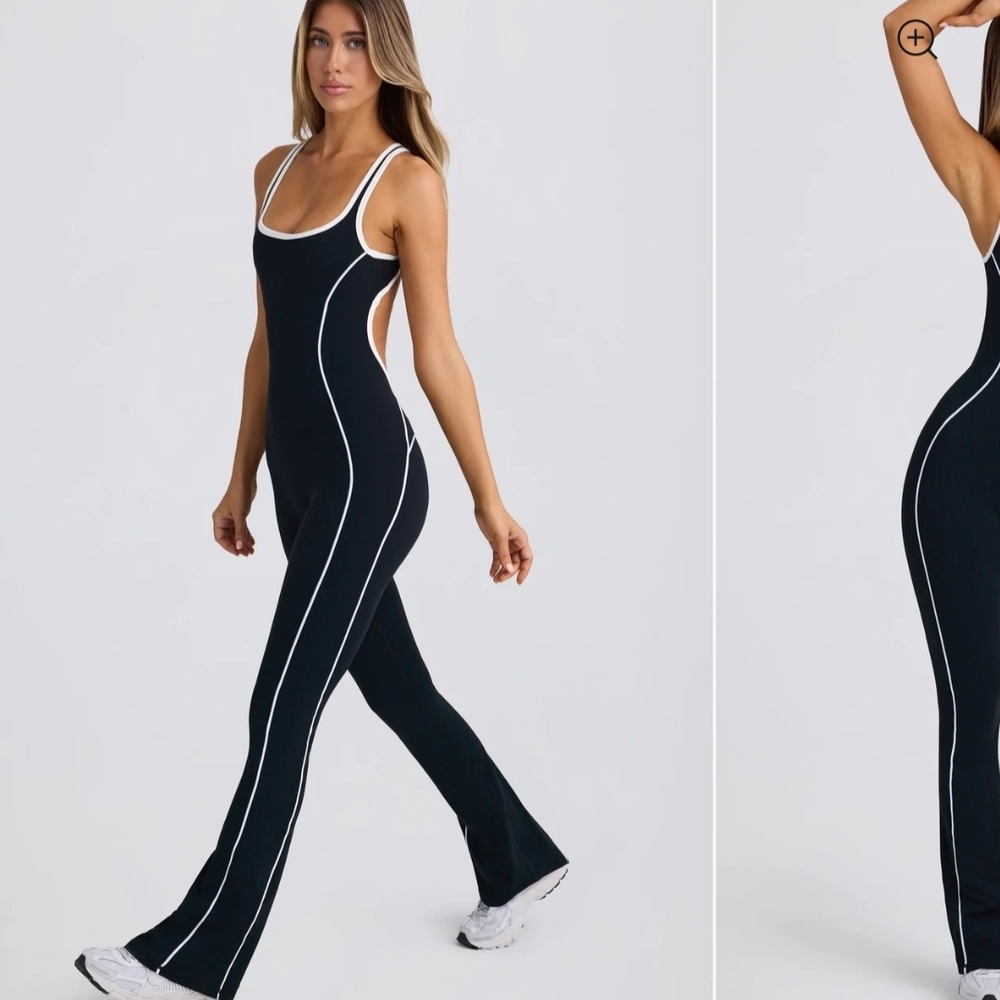Oh Polly Black Sculpting Jumpsuit with White Piping - Picture 2 of 6